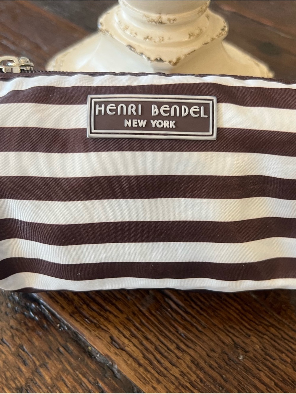 Henri Bendel Vintage Striped Zip Pouch in Brown and Cream